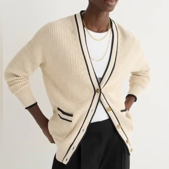 J.Crew Tipped V-neck Cotton Cardigan Sweater Oversized Size XS - Picture 1 of 6